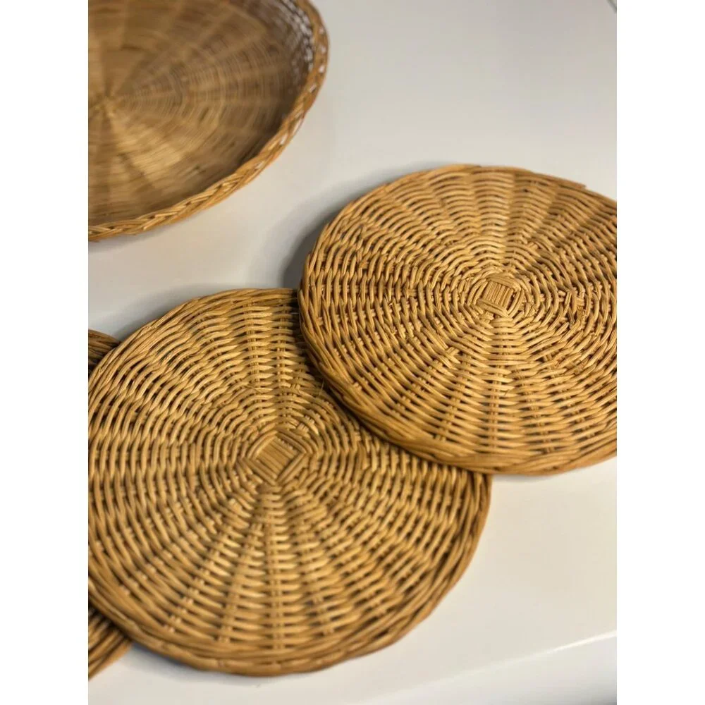 Woven Wicker Rattan Paper Plate Holder & Placemats – Set 4 Boho Rustic Tableware